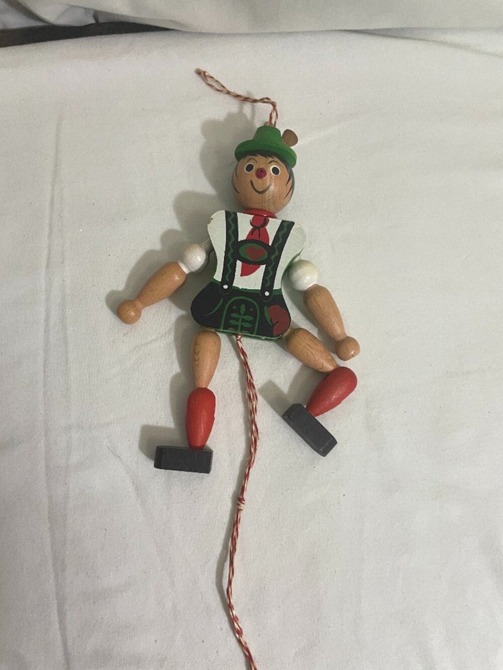 Vintage FAMO Austria Wooden Pull String Jumping Jack Bavarian Man Toy 7.5”